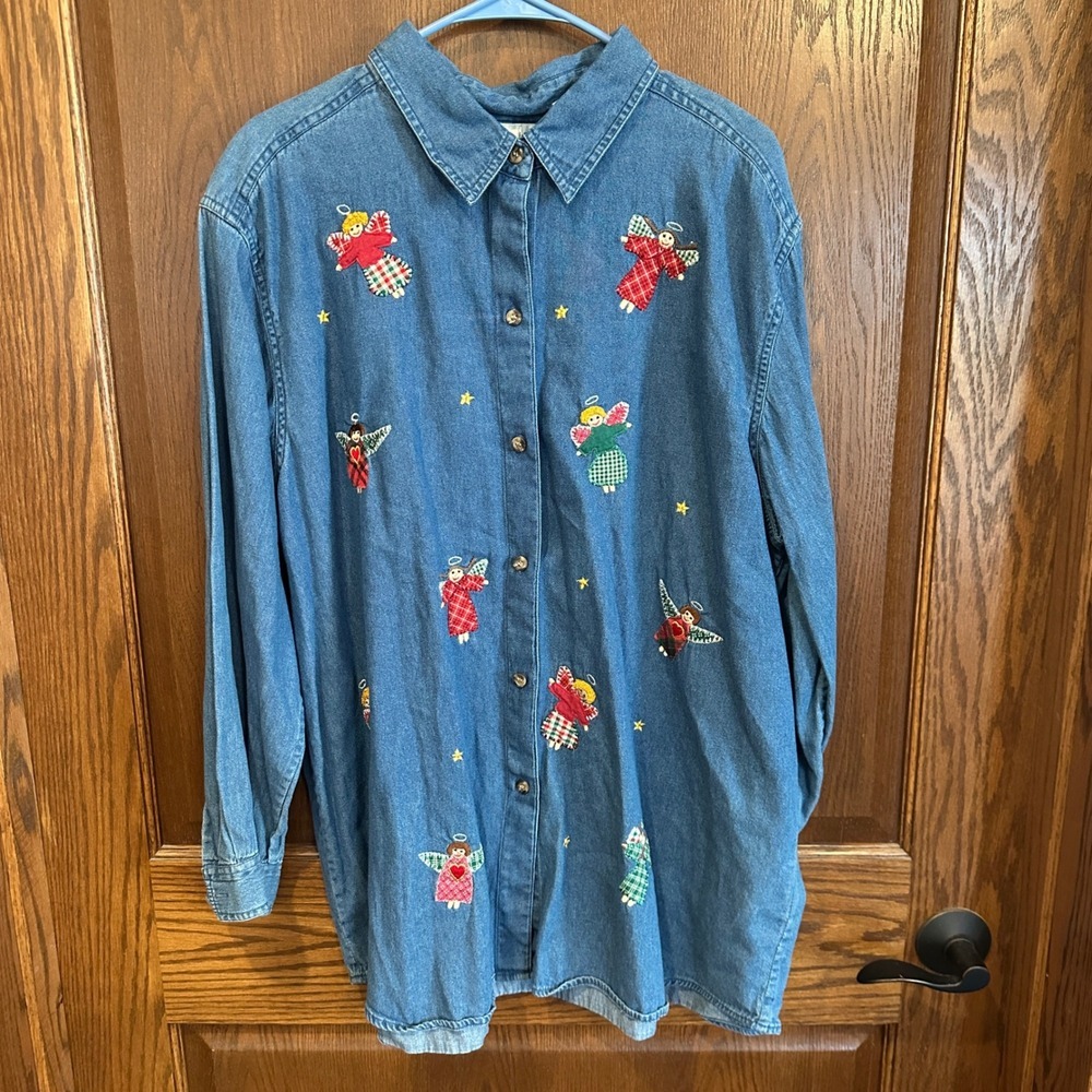 Victoria Jones Woman Denim Shirt Angels Embroidery Long Sleeve Button‎ Up 22W